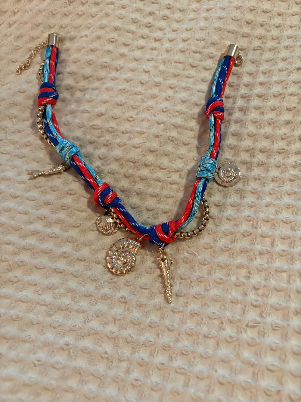 Gold Charm Knot Necklace in Red & Blue